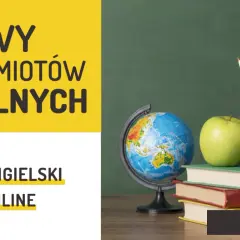 Nauka angielskiego online. Na zdjęciu przybory szkolne: kredki, nożyczki, linijka, jabłko, globus i książki.