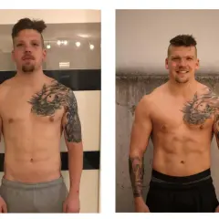 Mann mit Tattoos vor und nach dem Training. Er hat keine Muskeln abgebaut, sondern aufgebaut.