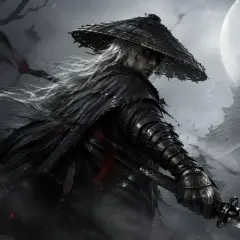 Samuraj z długimi białymi włosami i słomkowym kapeluszem, dzierżący miecz. W tle zrujnowany zamek i księżyc. To świat Phantom Blade Zero.