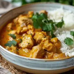 En skål med krämig kycklingcurry och ris, garnerad med koriander. Perfekt för ett snabbt mango chutney recept.