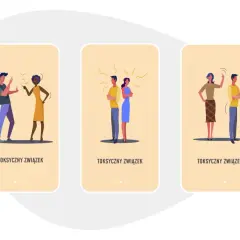 Ilustracje pokazują pary w konfliktach, symbolizujące toksyczny związek, który może być częścią dysfunkcyjnej, narcystycznej rodziny.