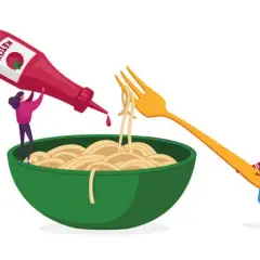 Niecodzienne obrazy AI ludzi jedzących spaghetti w surrealistyczny sposób
