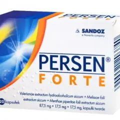Opakowanie leku Persen Forte, zawierające 20 kapsułek. Na pudełku widnieje logo Sandoz.