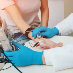 Lekarz bada przewodnictwo nerwowe pacjenta, podłączając elektrody do jego przedramienia.