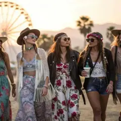 Cinco amigas con un marcado estilo bohemio pasean al atardecer, luciendo vestidos florales, sombreros y accesorios playeros.