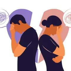 Coppia in pausa di riflessione, con pensieri confusi che emergono da nuvole di dialogo.