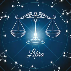 Symbol wagi znak zodiaku, otoczony konstelacjami na tle nocnego nieba.