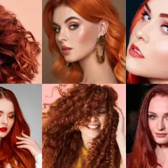 Seis mujeres con cabello rubio cobrizo claro con mechas, en diferentes estilos y texturas.