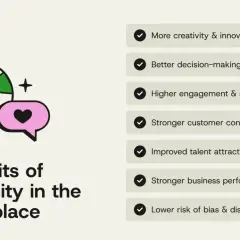 The image highlights why diversity is important in the workplace, showing a globe and a speech bubble with a heart, alongside benefits like innovation and better decision-making.