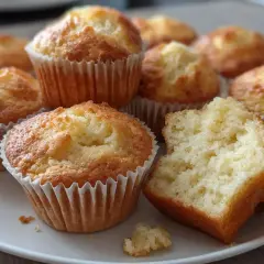 En korg med fluffiga vaniljmuffins, perfekt för ett enkelt muffins recept vanilj. En är uppäten och visar det saftiga inkråmet.