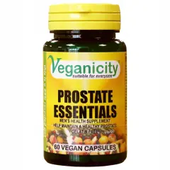 Suplement diety Prostate Essentials od Veganicity, zawierający ekstrakt z kory śliwy afrykańskiej, wspiera zdrowie prostaty. 60 kapsułek wegańskich.