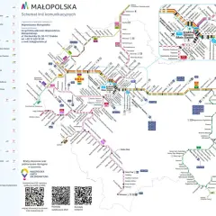 Mapa schematyczna linii komunikacyjnych Małopolski z zaznaczonymi trasami pociągów i autobusów.