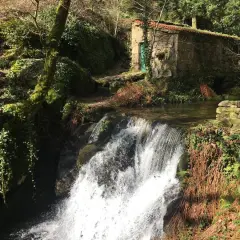 Cascada en el parque natural Monte Aloia, con una pequeña casa de piedra y vegetación exuberante.