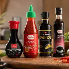 Cztery butelki sosów: sojowy, sriracha, ponzu i teriyaki, gotowe do sushi.