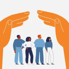 Four diverse individuals stand under the protective embrace of two large orange hands, symbolizing government collaboration and support for its citizens.