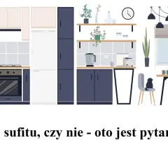 Nowoczesna kuchnia z ciemnogranatowymi szafkami i jasnymi blatami. Zastanawiasz się nad wymiarami szafek kuchennych?