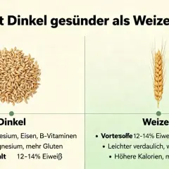 Dinkel vs. Weizen: Dinkel hat mehr Gluten, ist aber reich an Magnesium und Eisen. Weizen ist leichter verdaulich.