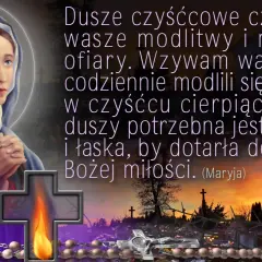 Obraz Matki Boskiej z zapaloną świecą, krzyżem i różańcem na tle cmentarza.