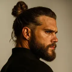 Un homme au regard intense, sa barbe bien taillée et un chignon homme (man bun) impeccable.