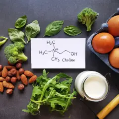 Broccoli, eggs, nuts, arugula, milk e la formula chimica della colina, un nutriente essenziale per il cervello.