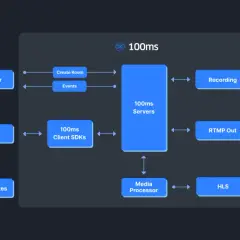 Diagram shows 100ms servers processing streams, outputting via RTMP Out, Recording, and HLS. This contrasts with RTSP, which is not depicted.