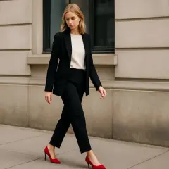 Elegancka kobieta w czarnym garniturze i kremowym swetrze, zmysłowe bordowe szpilki stylizacje dodają charakteru.