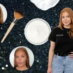 KICKS Beauty Expert visar en halloween målning ansikte med sår och stygn. Sminkprodukter och borste syns.