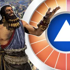 Ein Krieger mit Speer und antiker Stadt im Hintergrund, neben einem bunten Rad mit Dreieck – vielleicht ein Hinweis auf Civilization 7.