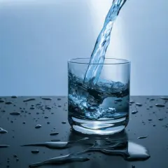 Verre d'eau versé, éclaboussures sur la table. L'eau calcaire peut causer du mal de ventre.