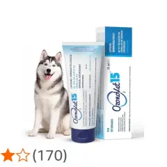 Husky sonriente junto a un tubo y caja de Ozonovet 15, lipogel dermatológico para ozonoterapia perros.