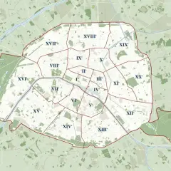 Mapa Paryża podzielona na dzielnice (arrondissements) z zaznaczonymi granicami.