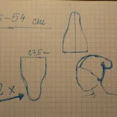 Szkic instrukcji, jak uszyć czapkę smerfa: wymiary 55-54 cm, dwa kawałki materiału 27,5 cm, szablon czapki i głowy.