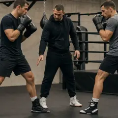 A boxing coach instructs two fighters, one a southpaw, in a gym.