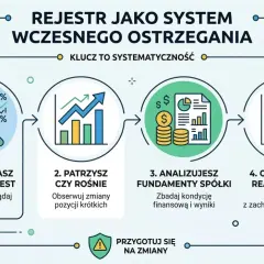 Schemat pokazuje 4 kroki analizy: sprawdzanie short interest, obserwację wzrostu pozycji krótkich, analizę fundamentów spółki i reakcję kursu. Klucz to systematyczność.