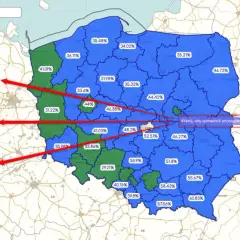 Mapa Polski z zaznaczonymi okręgami wyborczymi do Sejmu i procentami głosów. Kliknij, by sprawdzić szczegółowe wyniki wyborów.