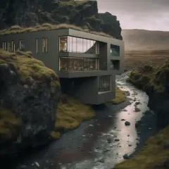 Modern house built into a mossy cliffside, overlooking a rocky stream. This architectural photography captures a dramatic, remote landscape.