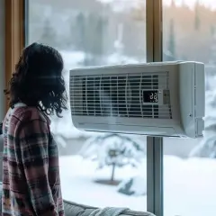 Une femme regarde par la fenêtre un paysage enneigé. La climatisation souffle froid en mode chauffage, affichant 22 degrés.