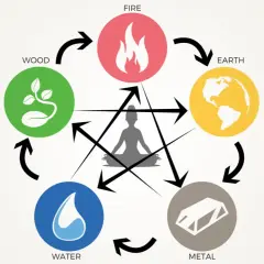 Schema dei 5 elementi (Fuoco, Terra, Metallo, Acqua, Legno) e le emozioni associate, con una figura in meditazione al centro.