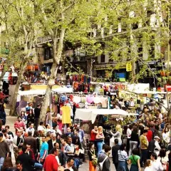Gente comprando en mercadillos de la sierra de Madrid, con puestos de ropa y accesorios bajo árboles frondosos.