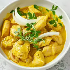 En krämig panang curry med kycklingbitar, lök och färsk persilja i en vit skål.