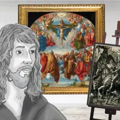 Albrecht Dürer's famous works, "The Assumption of the Virgin" and "Knight, Death, and the Devil," are displayed behind a stylized portrait of the artist.
