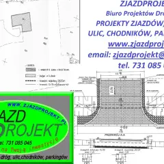 Projekt zjazdu z drogi gminnej bez zgłoszenia, z elementami drogi, chodnika i parkingu.