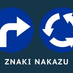 Dwa niebieskie okręgi z białymi strzałkami: jedna zakręca w prawo, druga pokazuje ruch okrężny. Podpis: ZNAKI NAKAZU.