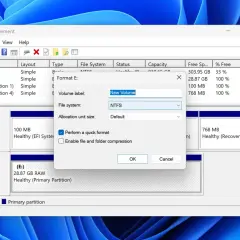 Datenträgerverwaltung zeigt ein Fenster zur Formatierung einer **raw partition** (E:) mit NTFS-Dateisystem.