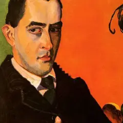 Portret mężczyzny w garniturze, dzieło Witkacego. Intensywne barwy, owoce i wazon na pomarańczowym tle.