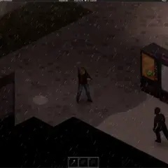 W deszczowy dzień w Project Zomboid, gracz z bronią w ręku unika dwóch zombie. Obok stoi automat z napojami.