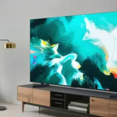 Nowoczesny salon z telewizorem TCL C8K wyświetlającym abstrakcyjny obraz. Obok stoi lampa i rośliny.