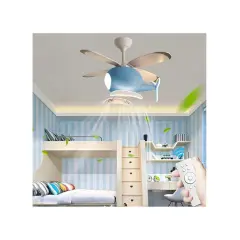 Lámpara ventilador con forma de helicóptero azul, ideal para habitaciones infantiles, que crea una brisa refrescante.