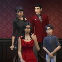 Rodzina Ćwir z The Sims 4 pozuje do portretu. Elegancka mama w czerwonej sukni, tata w garniturze, nastoletnia córka i młodszy syn.