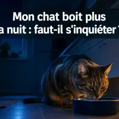 Un chat tigré boit de l'eau dans un bol bleu la nuit. La question "Mon chat boit plus la nuit : faut-il s'inquiéter ?" est affichée.